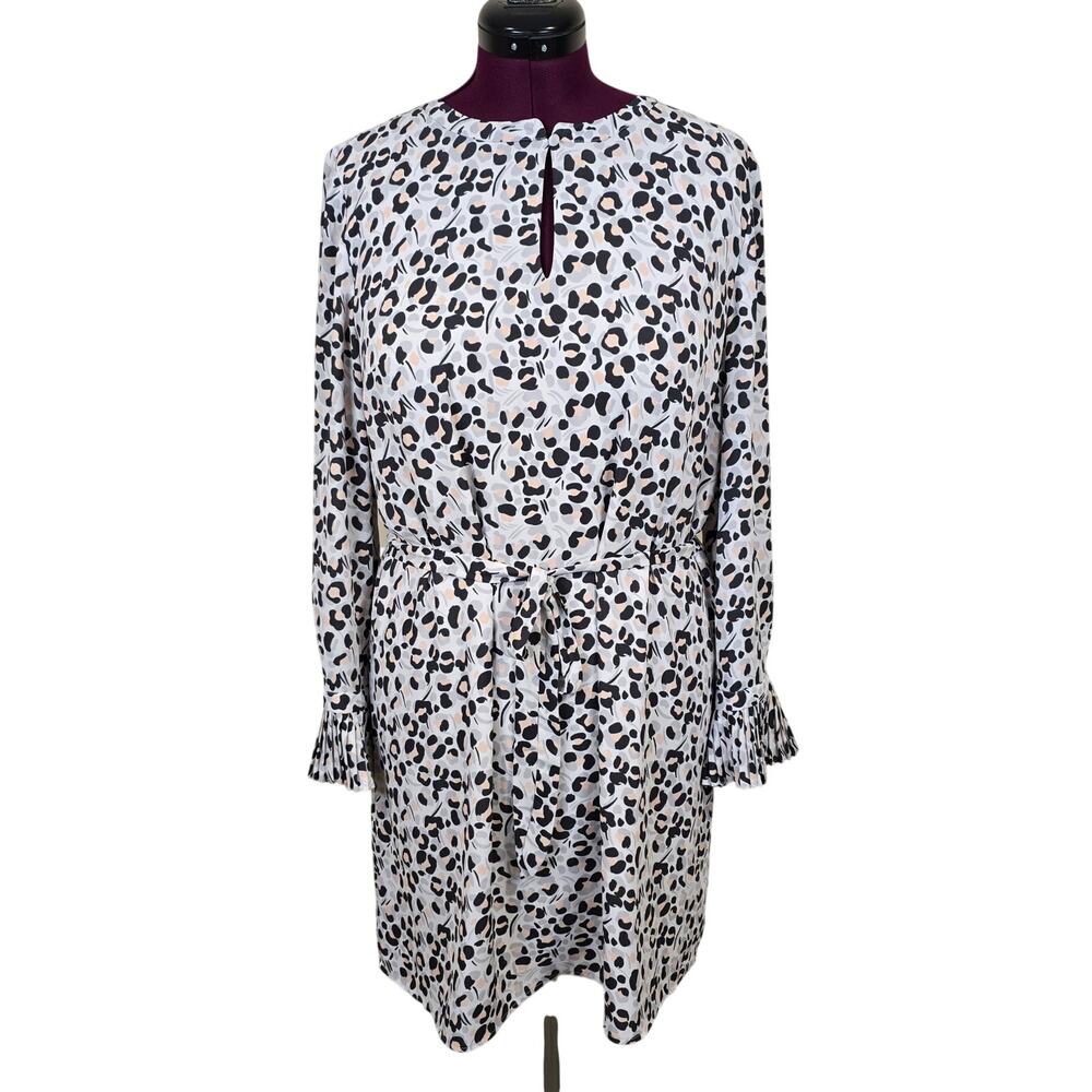 Women's LOFT Gray Leopard Print Belted Knee Length Dress | Size Large